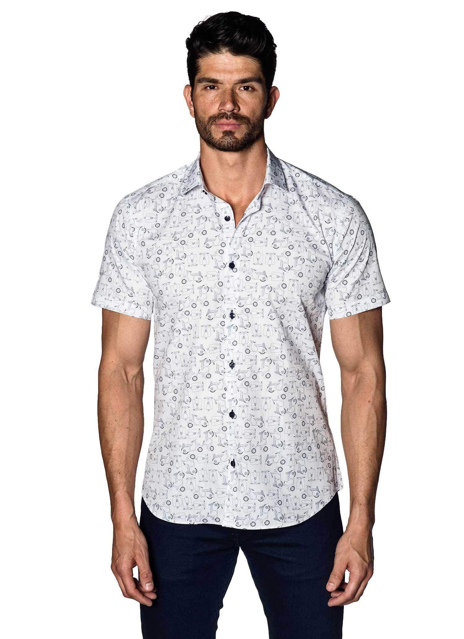 White with Scooter Pattern Short Sleeve Shirt for Men T-592-SS - Front - Jared Lang