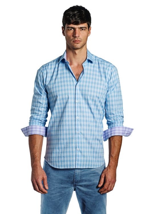 Light Blue Check Long Sleeve Shirt T-6695 Front