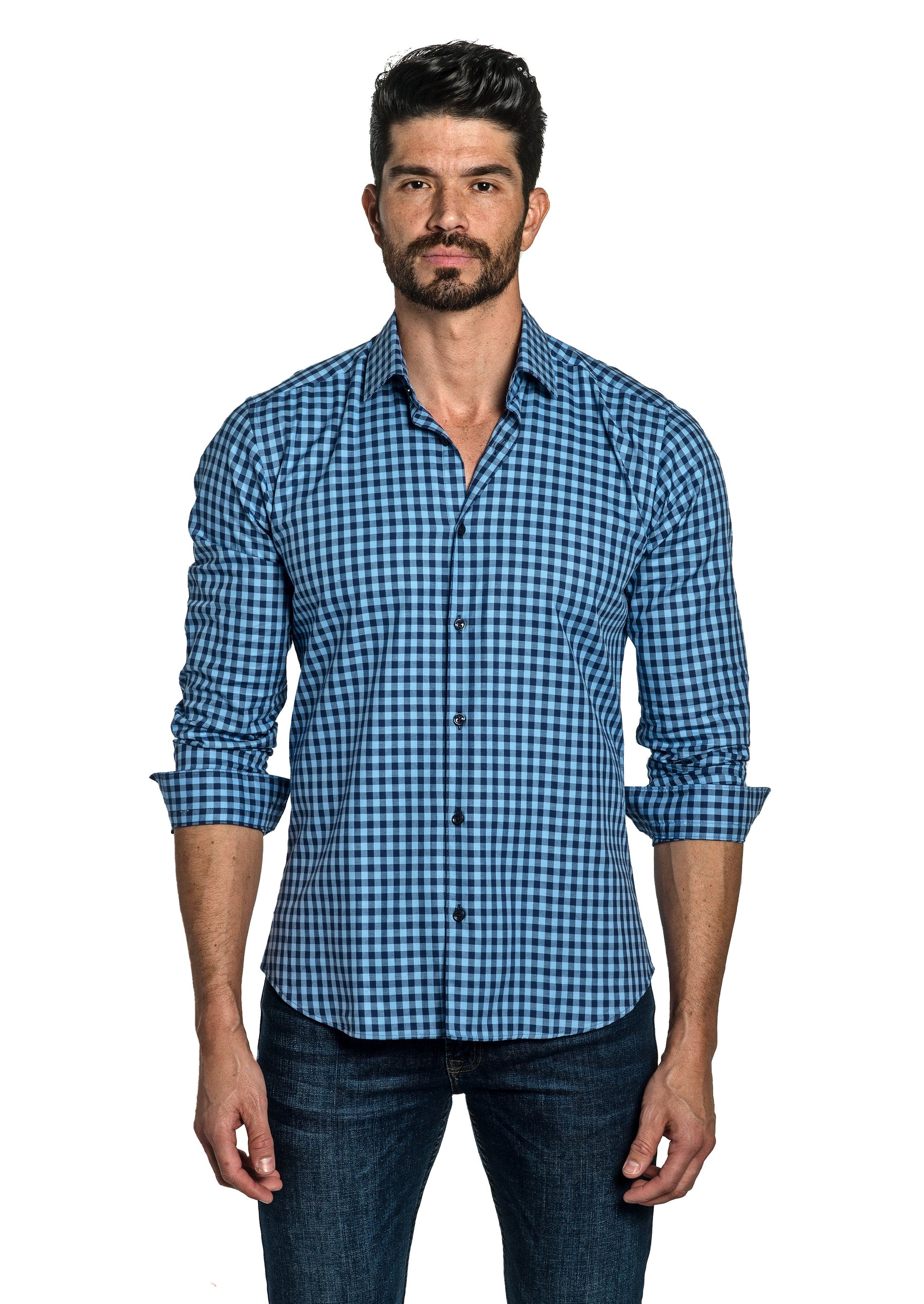 Blue Gingham Long Sleeve Shirt T-6755 Front
