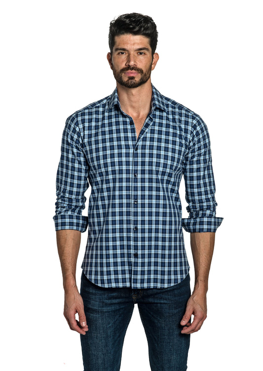 Dark Blue Check Long Sleeve Shirt T-6757 Front