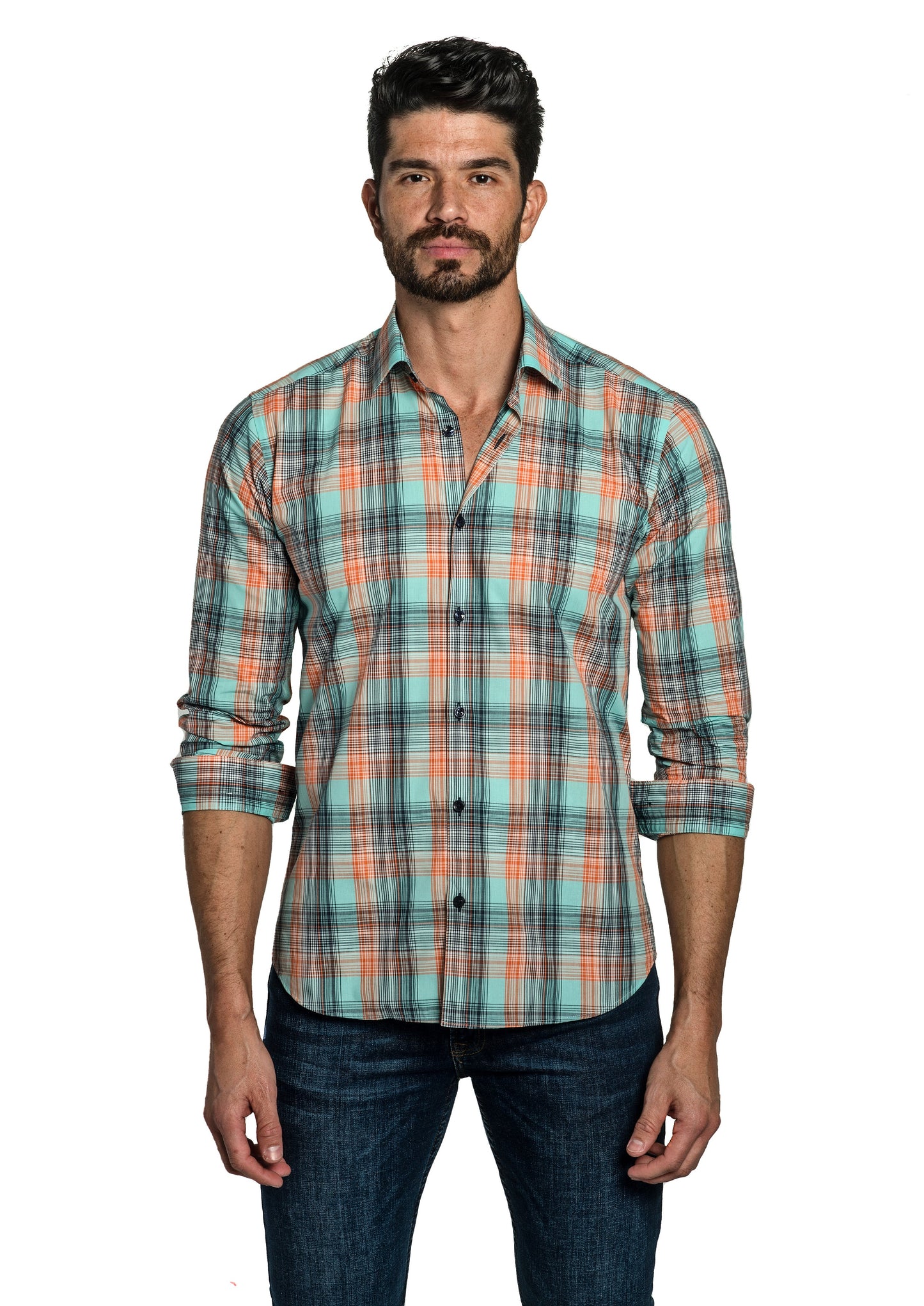 Turquoise Check Long Sleeve Shirt T-6768 Front