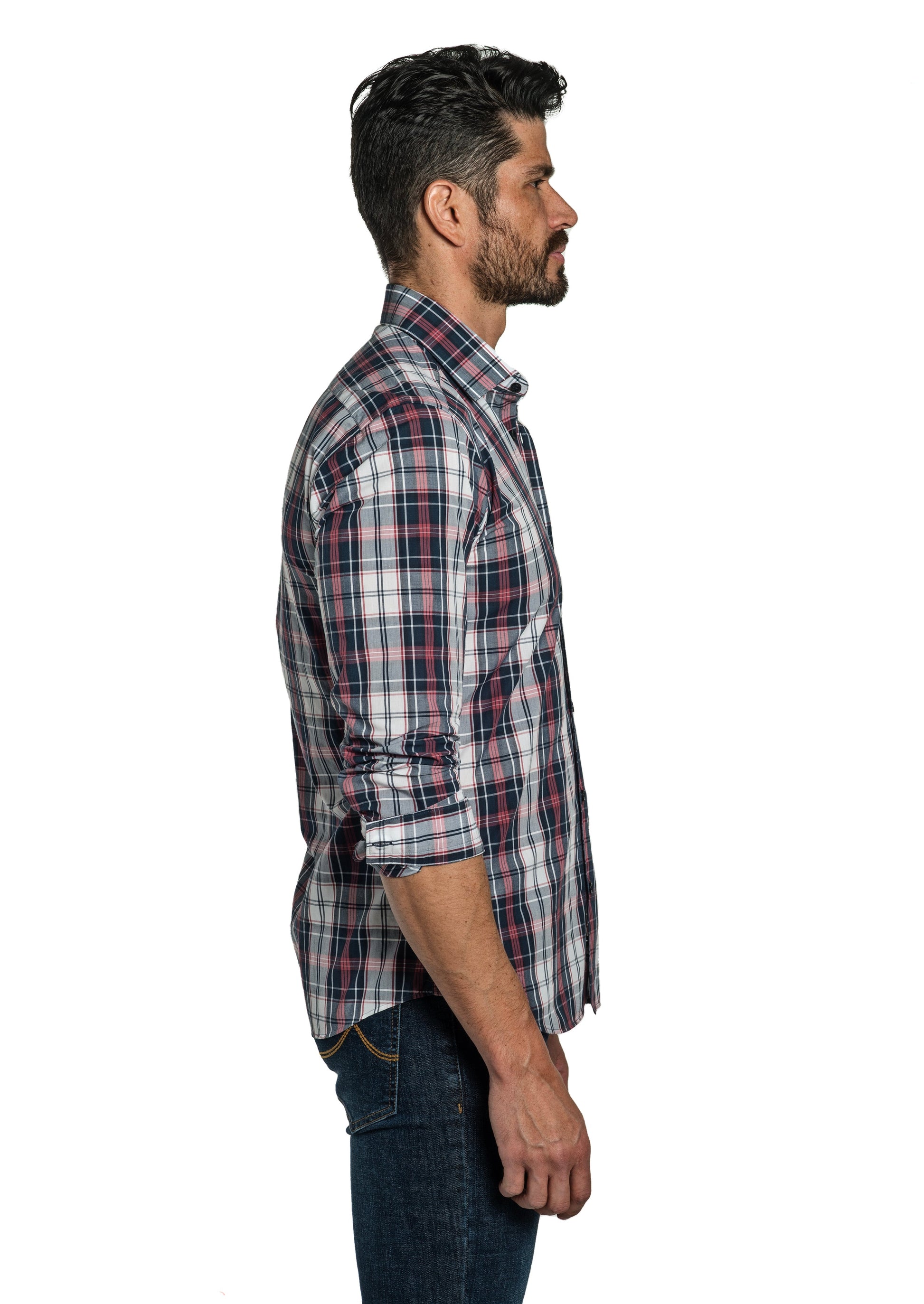 Navy Red Check Long Sleeve Shirt T-6772 Side