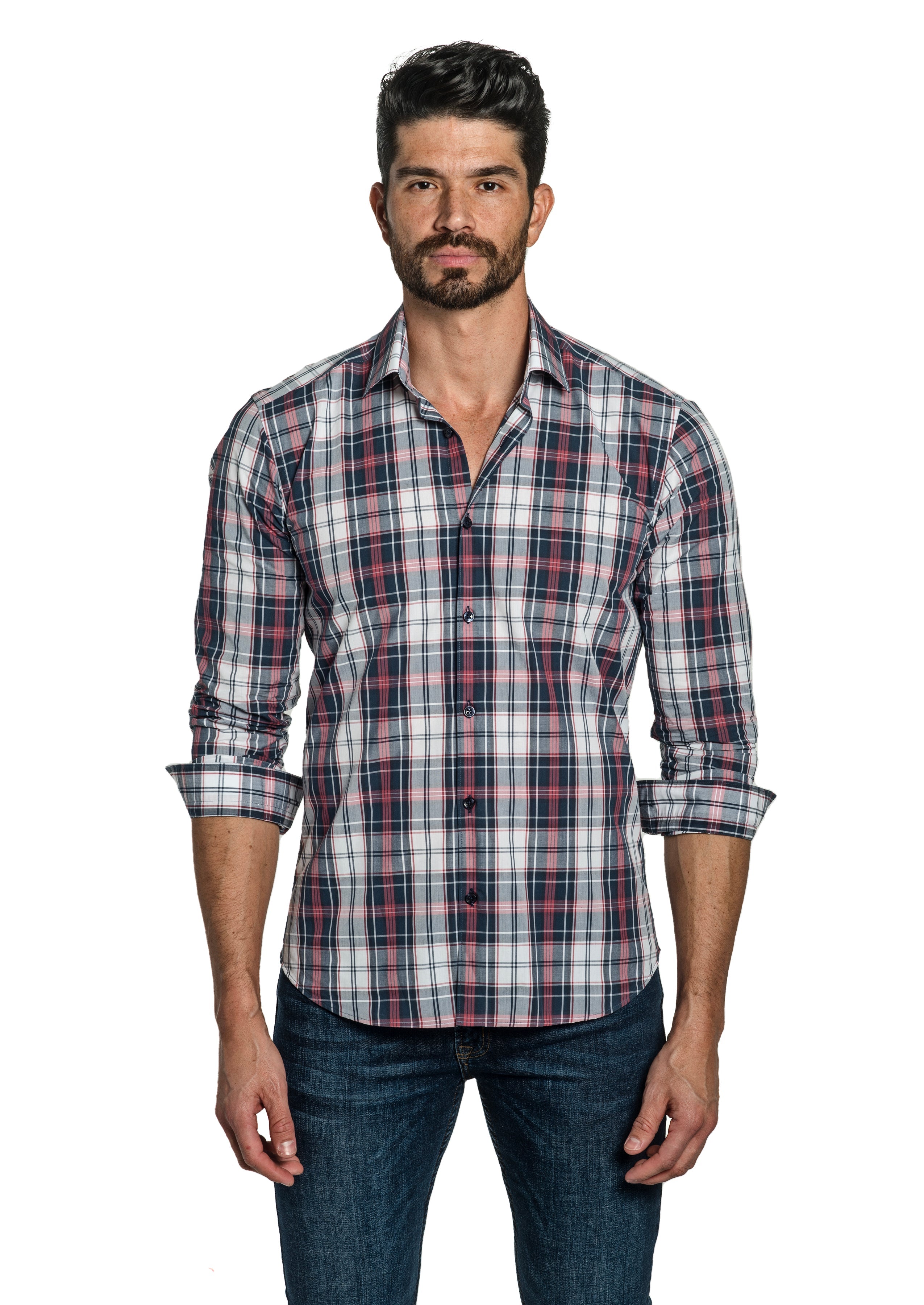 Jared Lang Navy Red Check Long Sleeve Shirt T-6772