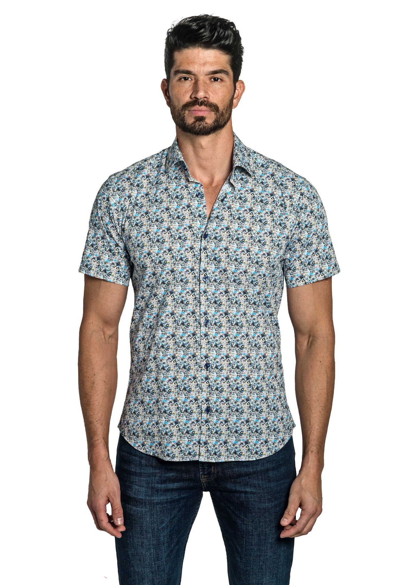 White + Blue Floral Short Sleeve Shirt T-6778SS Front