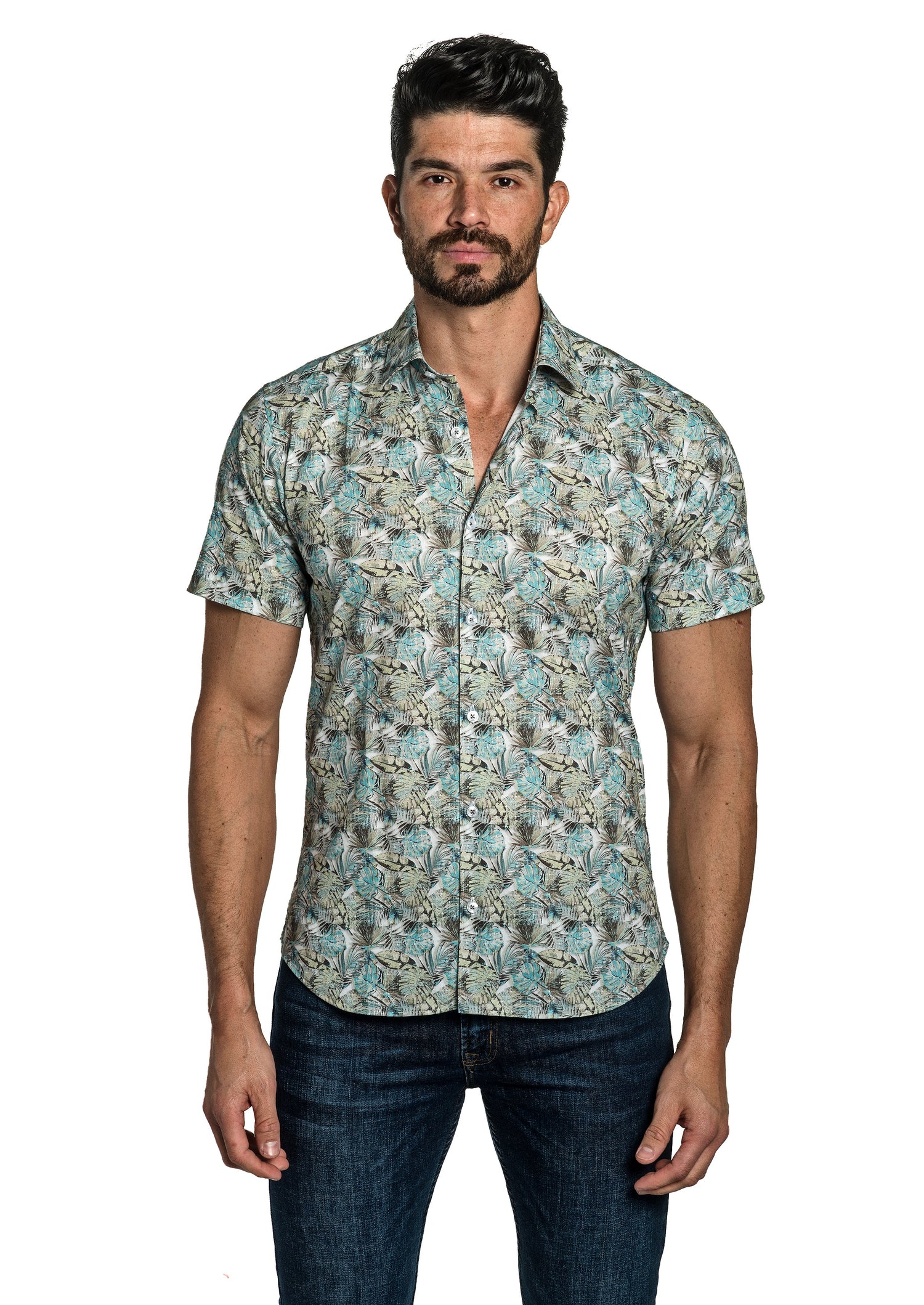 Off White Floral Short Sleeve Shirt T-6780SS Front