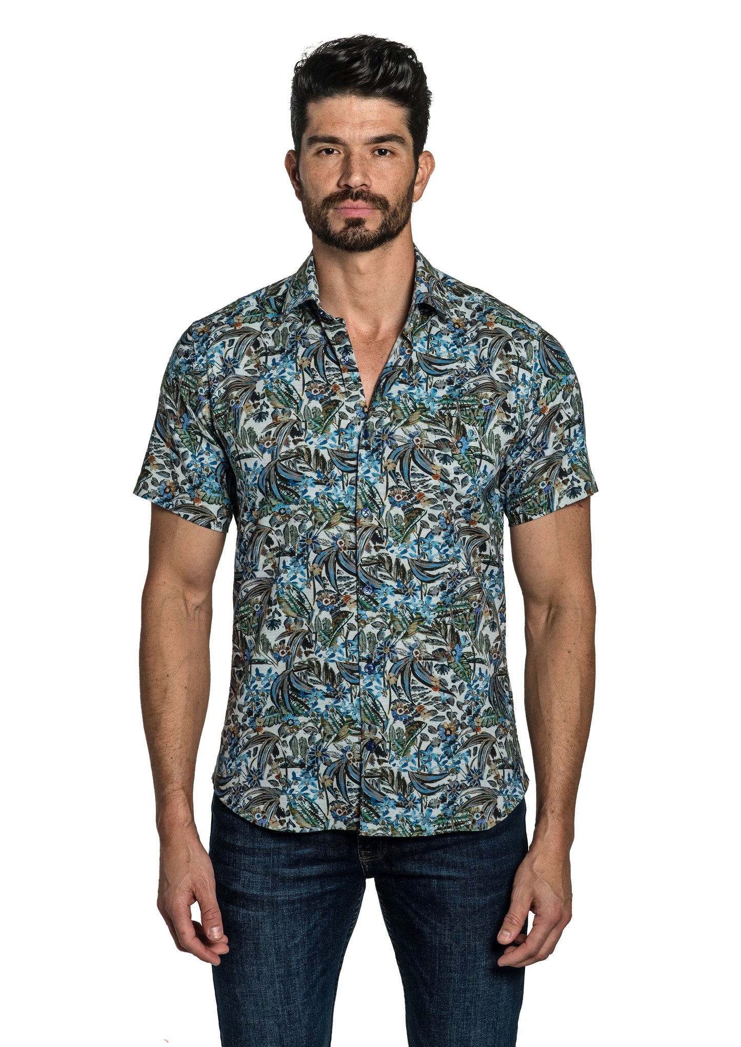 Dark Navy Print Short Sleeve Shirt T-6781SS Front