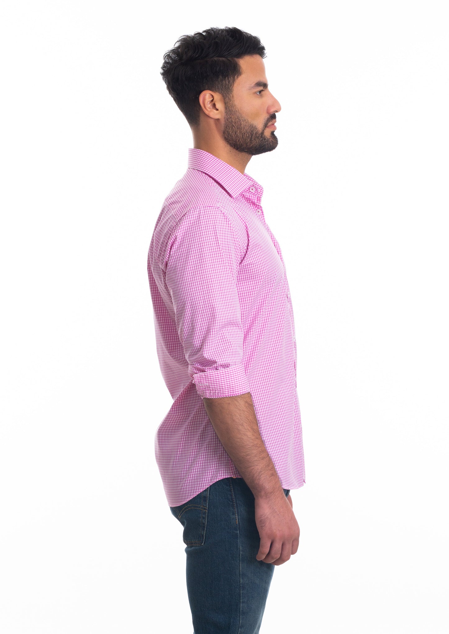 Pink Gingham Long Sleeve Shirt T-6807 Side