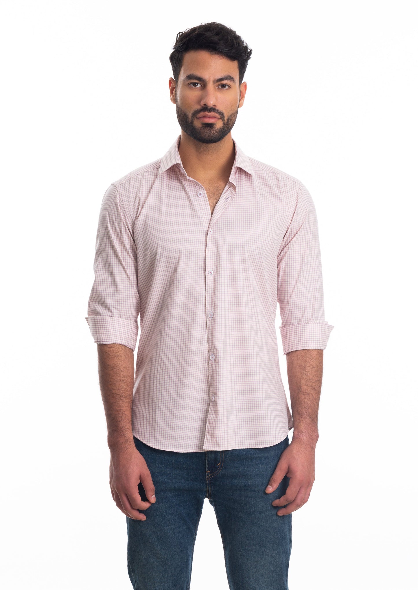 White + Light Pink Long Sleeve Shirt T-6808 Front