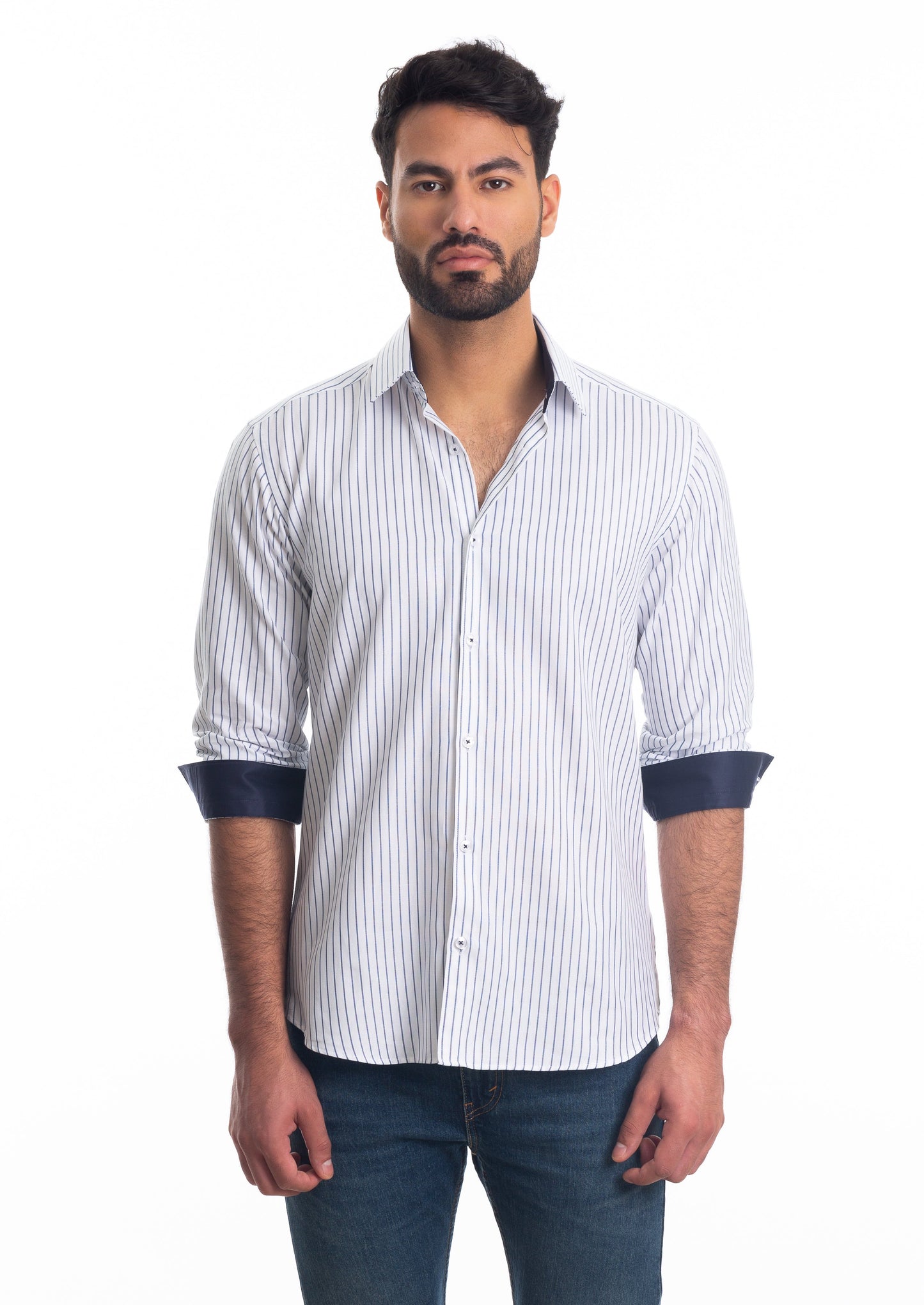 White Stripe Long Sleeve Shirt T-6813 Front