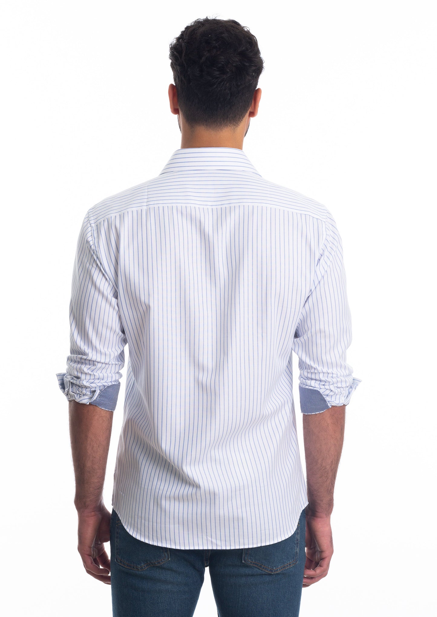White Blue Stripes Long Sleeve Shirt T-6814 Back