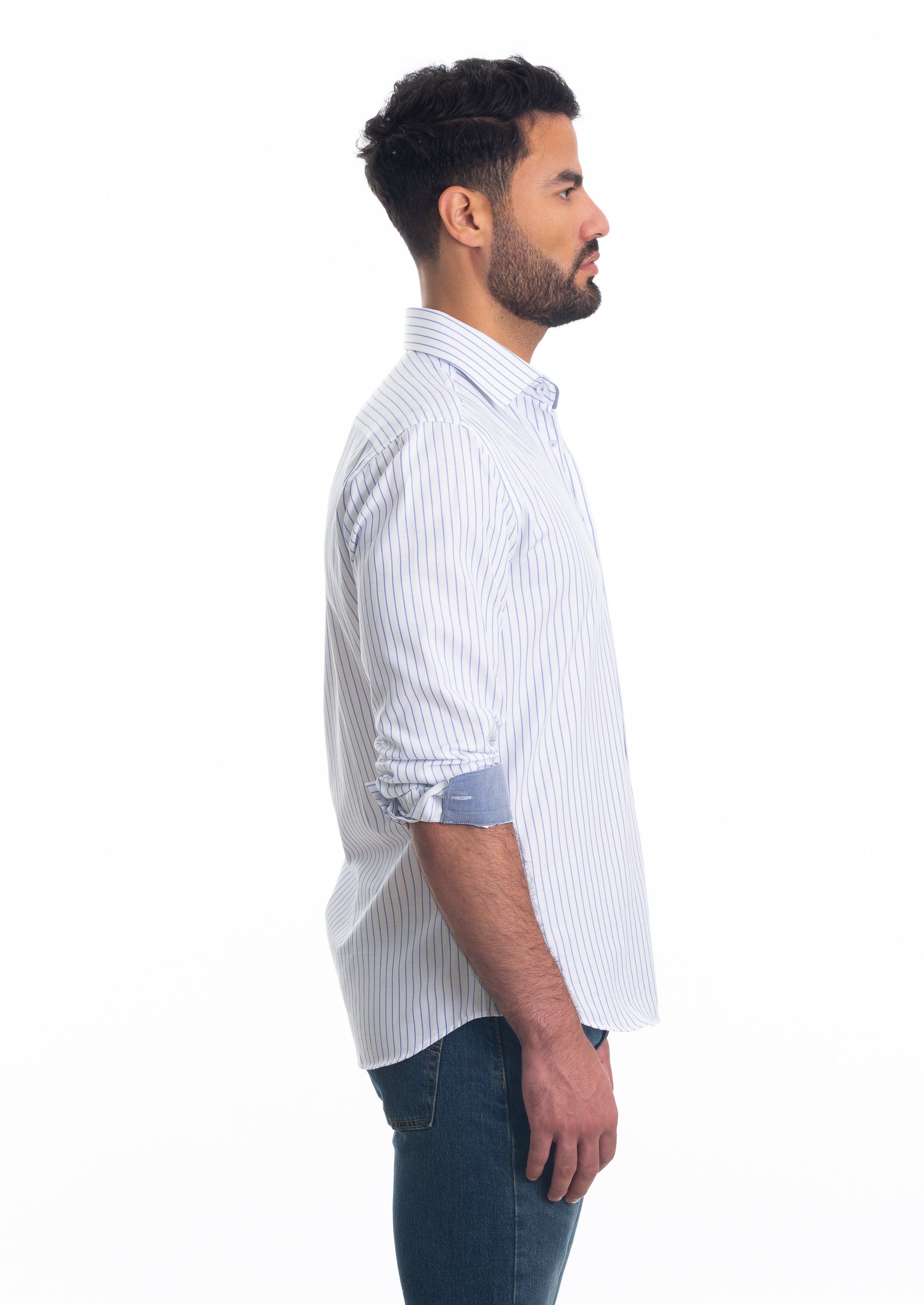 White Blue Stripes Long Sleeve Shirt T-6814 Side