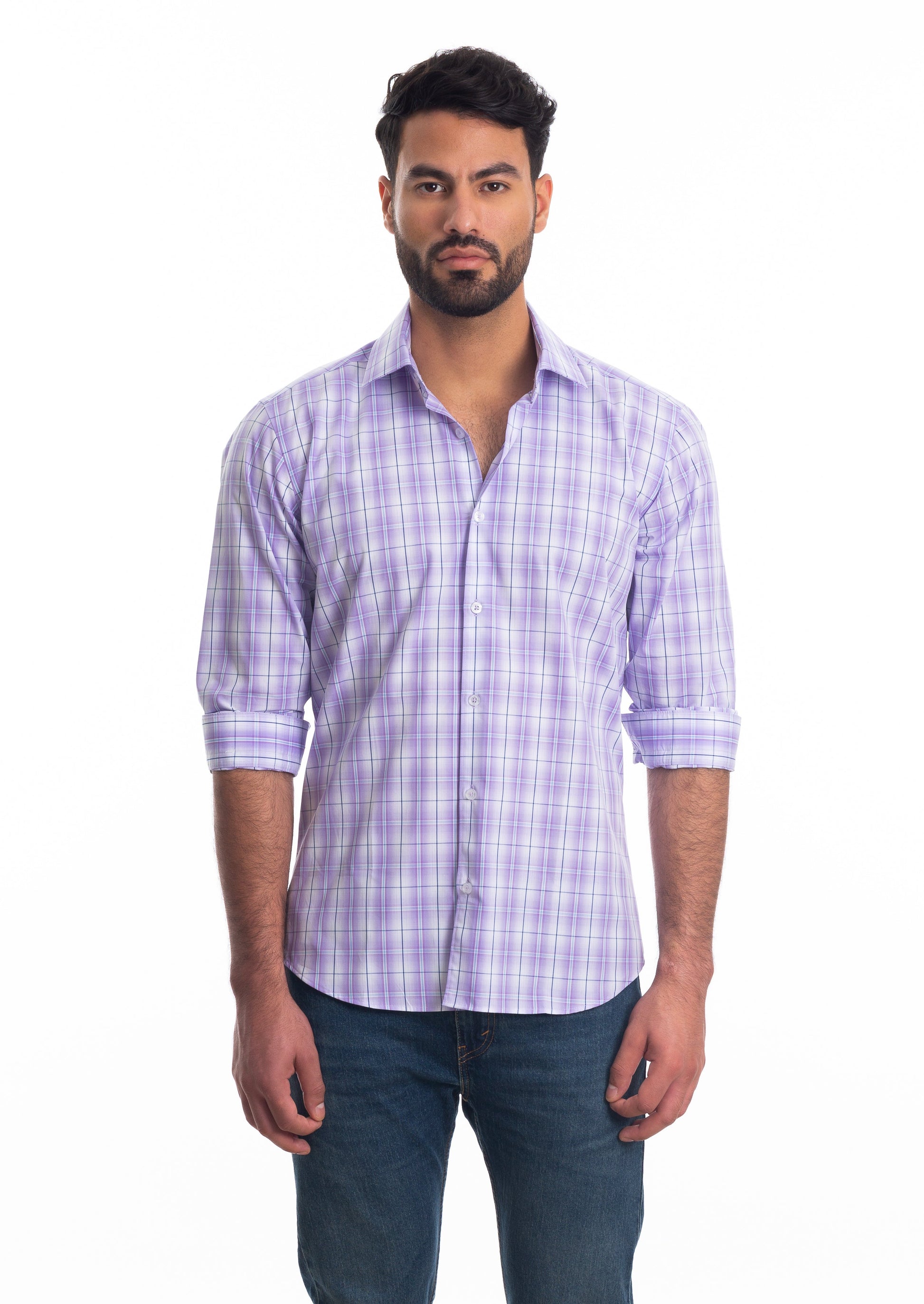 Purple Check Long Sleeve Shirt T-6821 Front