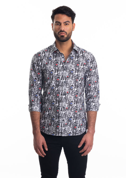 Grey Print Long Sleeve Shirt T-6824 Front