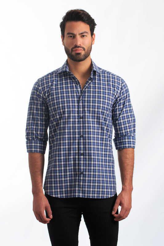 Blue Check Long Sleeve Shirt T-6857 Front