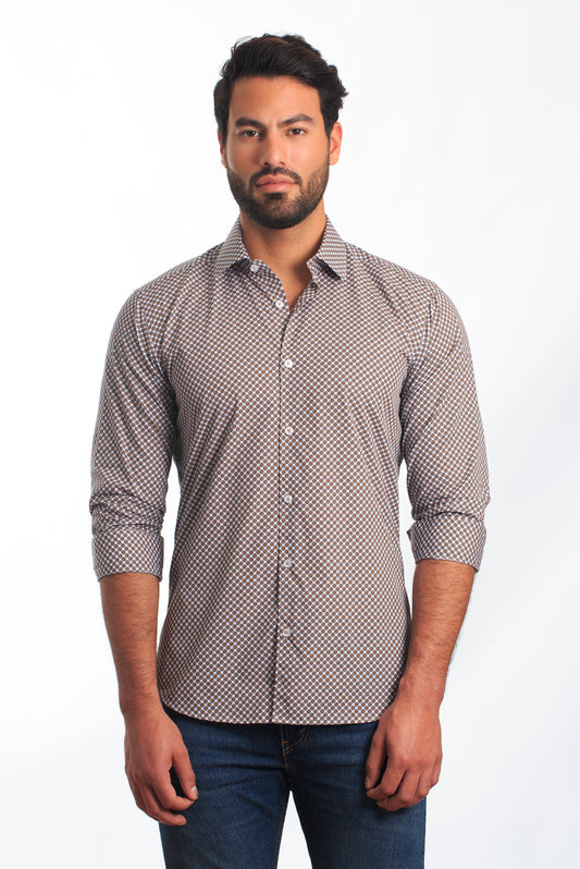 Brown Print Long Sleeve Shirt T-6868 Front